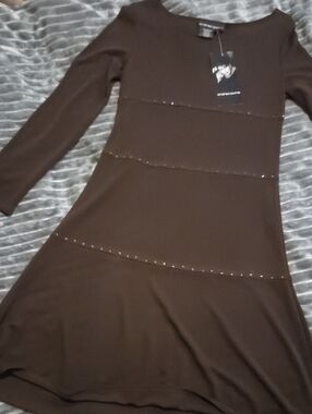 Andrea Jovine Black Long-Sleeve A-Line Dress with Stud Trim